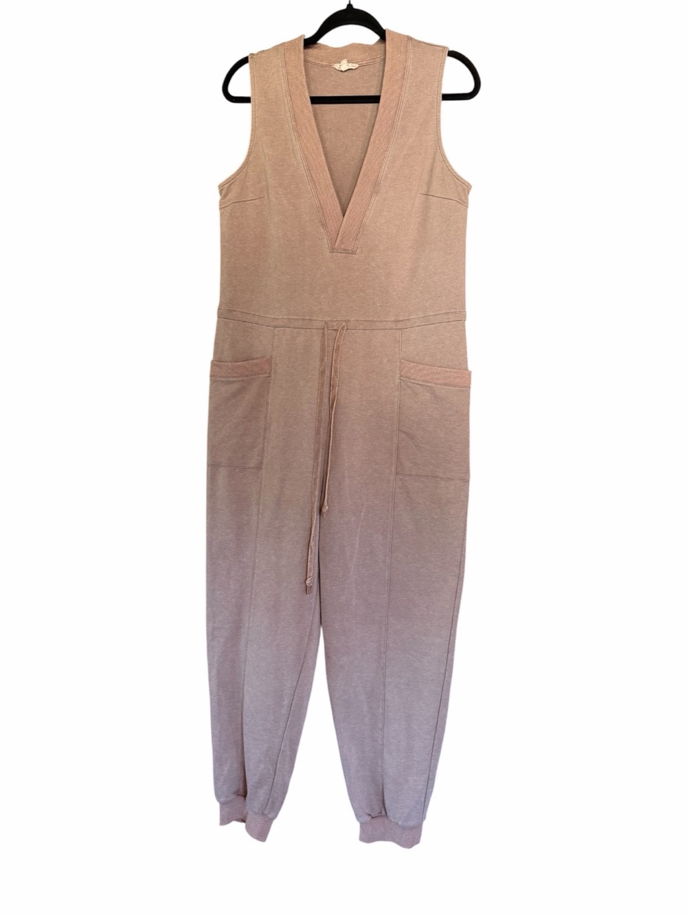 Hem & Thread Sleeveless V-Neck Tan Jumpsuit with Drawstring Waist Size Large - Picture 2 of 5